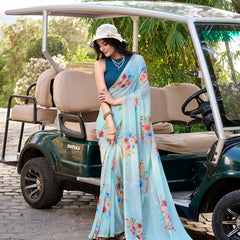 Sky Blue Color Floral Printed And Pearl Lace Border Weightless Marbal Saree