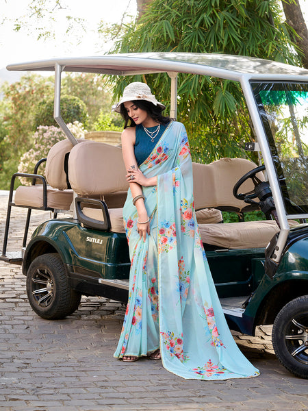 Sky Blue Color Floral Printed And Pearl Lace Border Weightless Marbal Saree