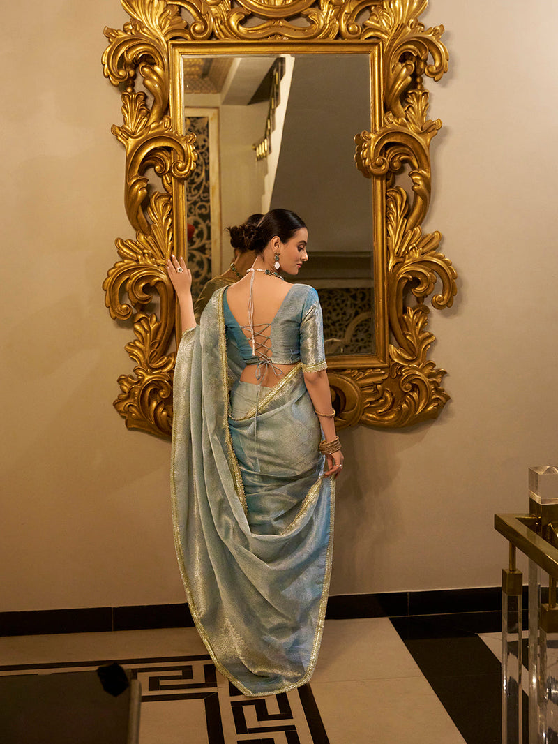 Sky Blue Color Zari Weaving Work With Sequins Border Tissue Shimmer Saree