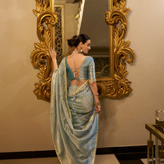 Sky Blue Color Zari Weaving Work With Sequins Border Tissue Shimmer Saree