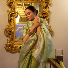 Pista Color Zari Weaving Work With Sequins Border Tissue Shimmer Saree