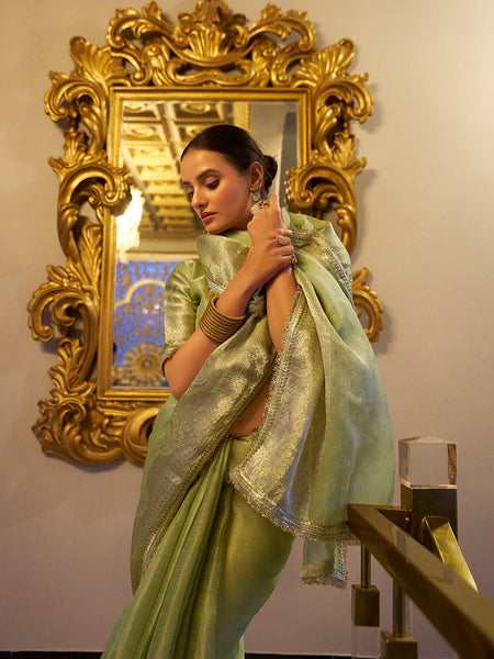 Pista Color Zari Weaving Work With Sequins Border Tissue Shimmer Saree