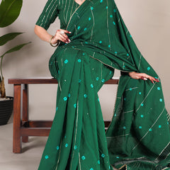 Green Color Sequins With Zari Line Viscose Chanderi Saree