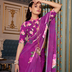 Purple Color Printed With Peral Lace Border Georgette Fancy Saree