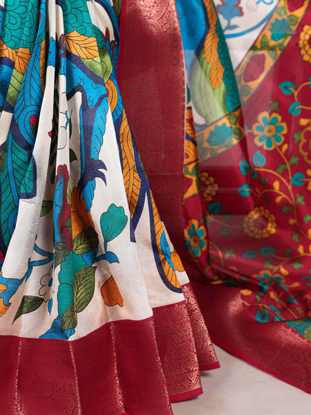 Off White Color Printed With Zari Weaving Work Tussar Silk Saree