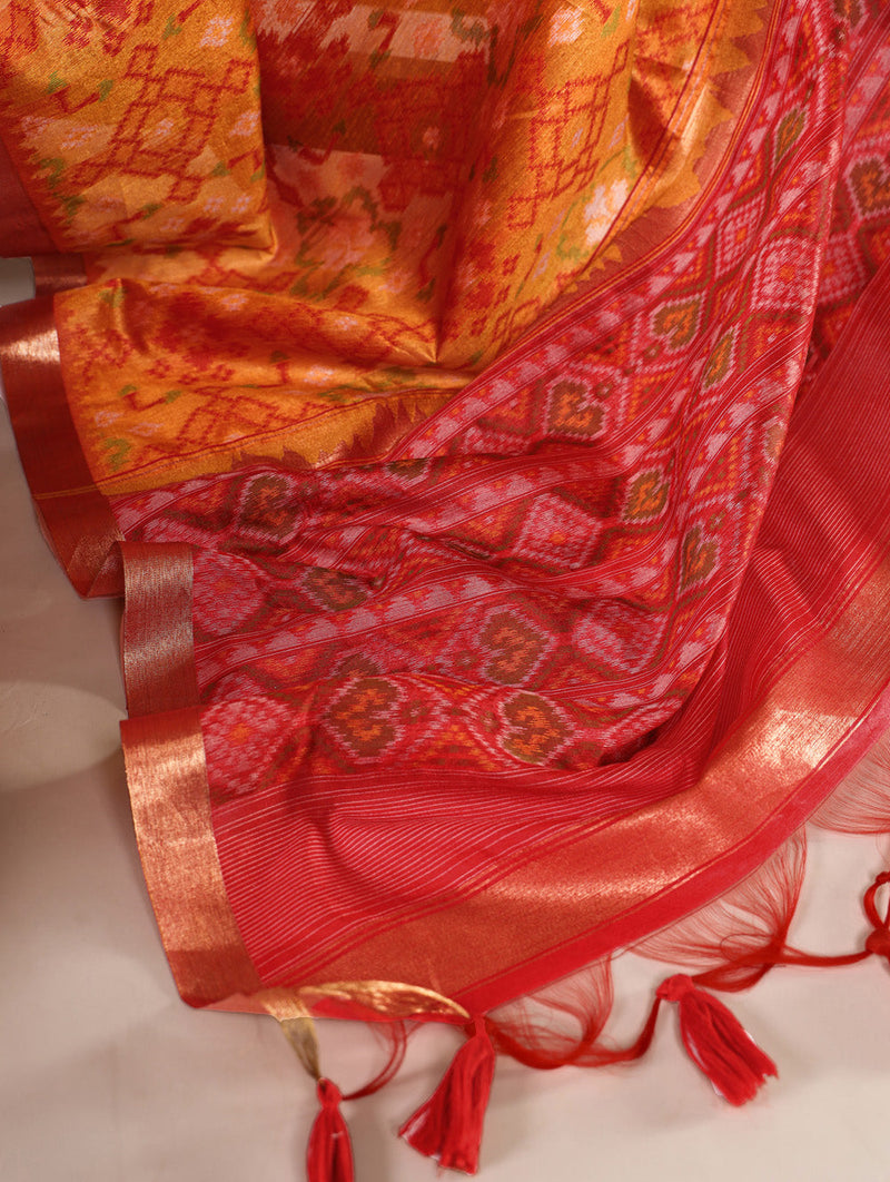 Orange Color Patola Print With Zari Weaving Work Jacquard Silk Saree