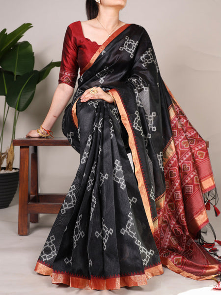 Black Color Printed With Zari Weaving Work Jacquard Silk Saree