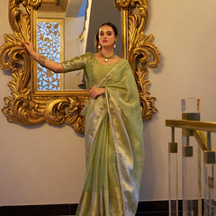Pista Color Zari Weaving Work With Sequins Border Tissue Shimmer Saree