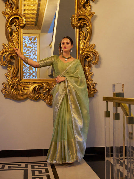Pista Color Zari Weaving Work With Sequins Border Tissue Shimmer Saree