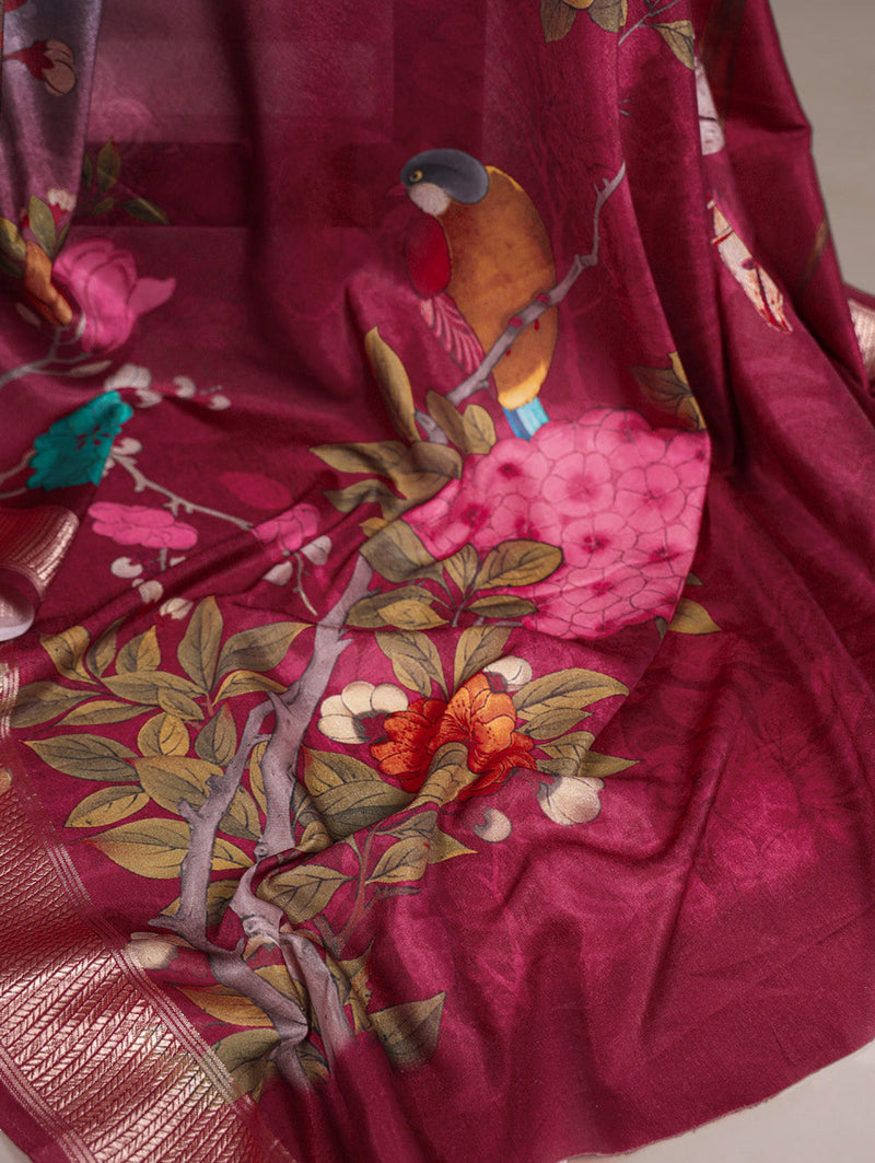 Green Color Tussar Silk With Viscos Border Floral Printed Saree