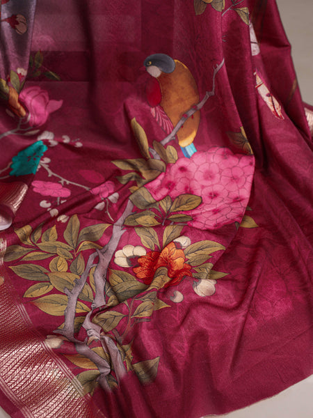 Green Color Tussar Silk With Viscos Border Floral Printed Saree