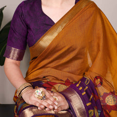 Mustard Color Tradition Floral Printed With Zari Weaving Work Viscose Chanderi Saree
