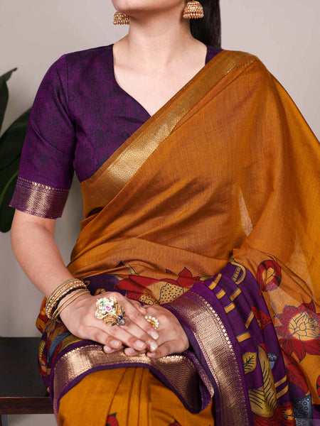 Mustard Color Tradition Floral Printed With Zari Weaving Work Viscose Chanderi Saree