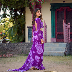 Purple Color Floral Printed Pearl Lace Border Chiffon Saree