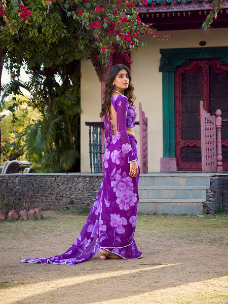 Purple Color Floral Printed Pearl Lace Border Chiffon Saree