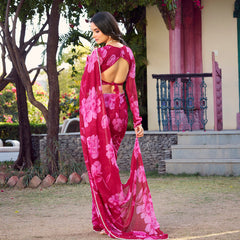 Pink Color Floral Printed Pearl Lace Border Chiffon Saree