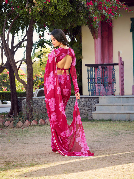 Pink Color Floral Printed Pearl Lace Border Chiffon Saree