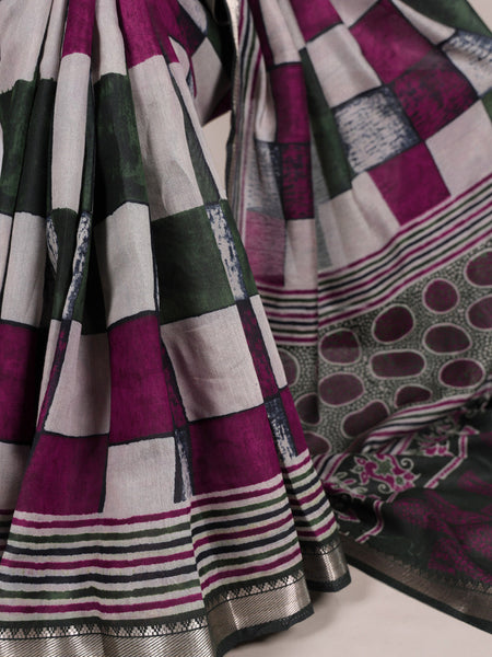 Green Color Printed With Temple Border Polyester Viscose Chanderi Saree
