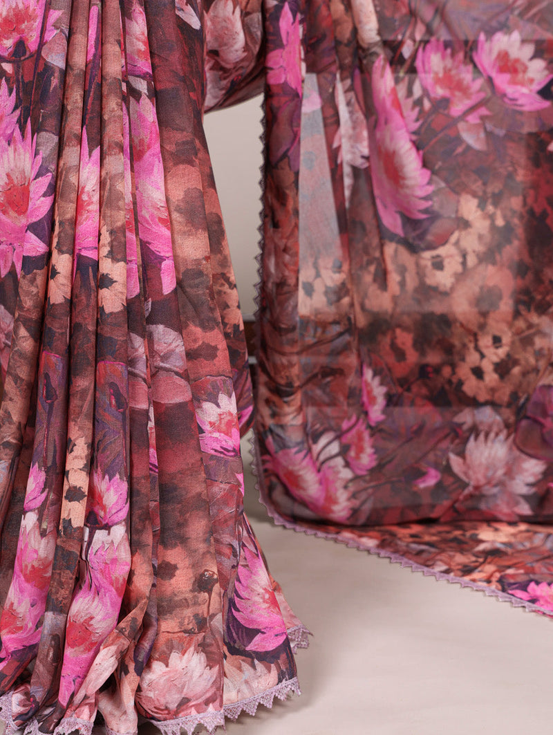 Onion Color Floral Printed With Lace Border Weightless Marbal Saree