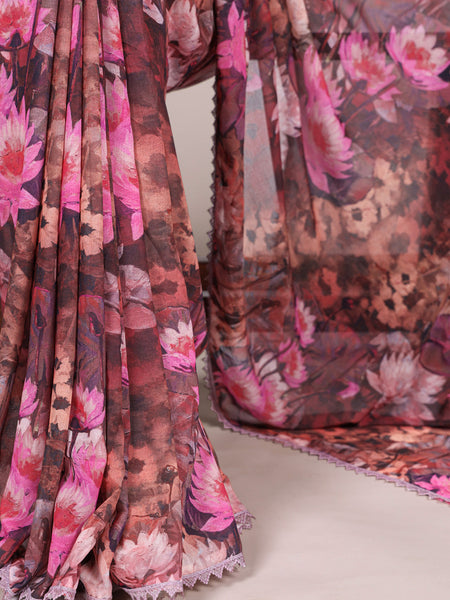 Onion Color Floral Printed With Lace Border Weightless Marbal Saree