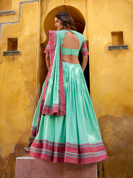 Premium Quality Heavy Sky Blue Color Thread Work With Chanderi Lehenga