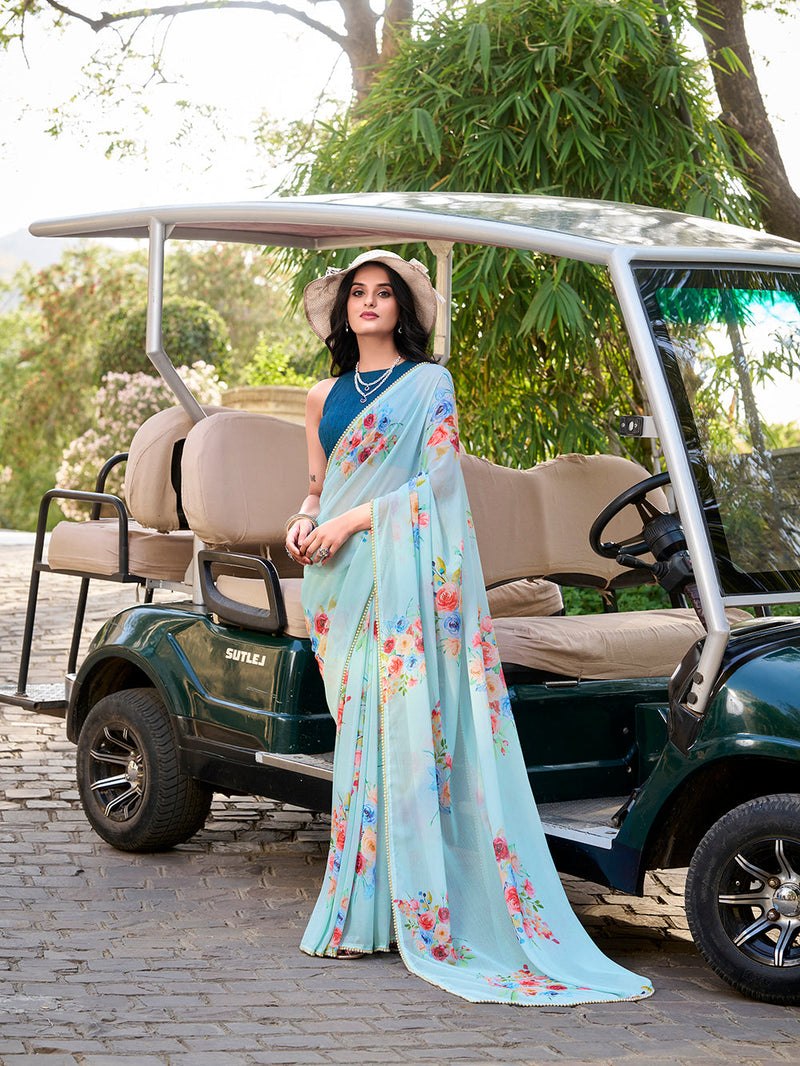 Sky Blue Color Floral Printed And Pearl Lace Border Weightless Marbal Saree