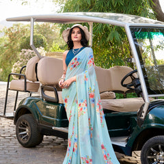 Sky Blue Color Floral Printed And Pearl Lace Border Weightless Marbal Saree
