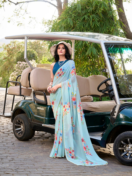 Sky Blue Color Floral Printed And Pearl Lace Border Weightless Marbal Saree