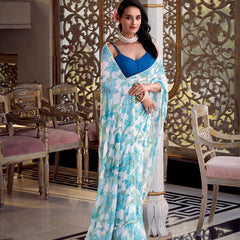 Sky Blue Color Floral Print With Peral Lace Border Weightless Marbal Saree