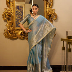 Sky Blue Color Zari Weaving Work With Sequins Border Tissue Shimmer Saree