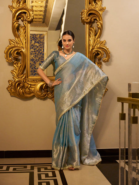 Sky Blue Color Zari Weaving Work With Sequins Border Tissue Shimmer Saree