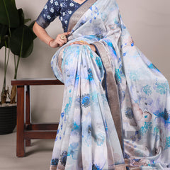 Sky Blue  Color Tussar Silk With Viscos Border Floral Printed Saree