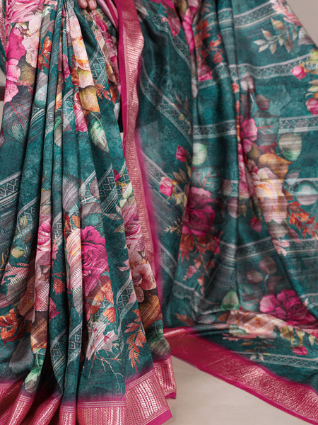 Green Color Printed Tussar Silk With Viscose Border Saree