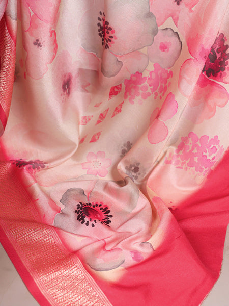 Peach Color Tussar Silk With Viscos Border Floral Printed Saree