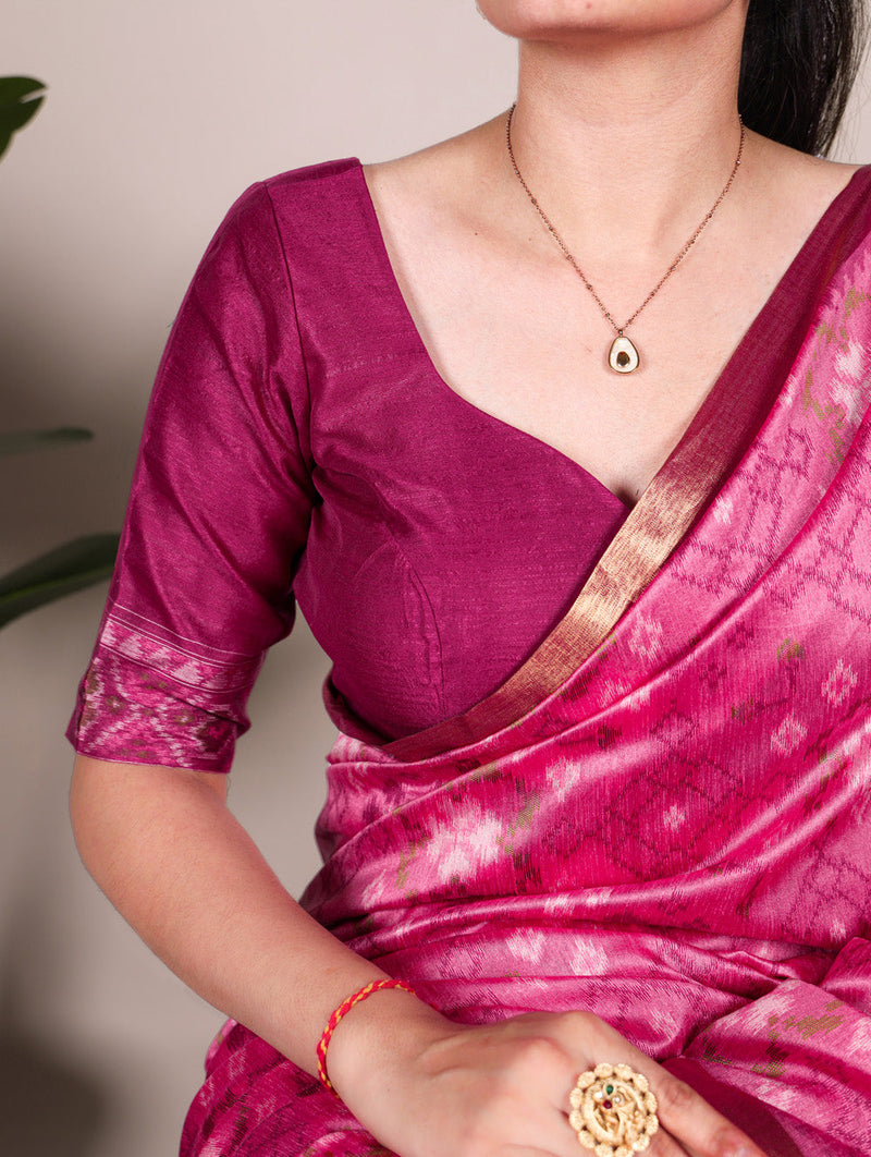 Pink Color Patola Print With Zari Weaving Work Jacquard Silk Saree