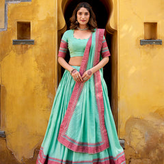 Premium Quality Heavy Sky Blue Color Thread Work With Chanderi Lehenga