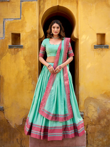 Premium Quality Heavy Sky Blue Color Thread Work With Chanderi Lehenga