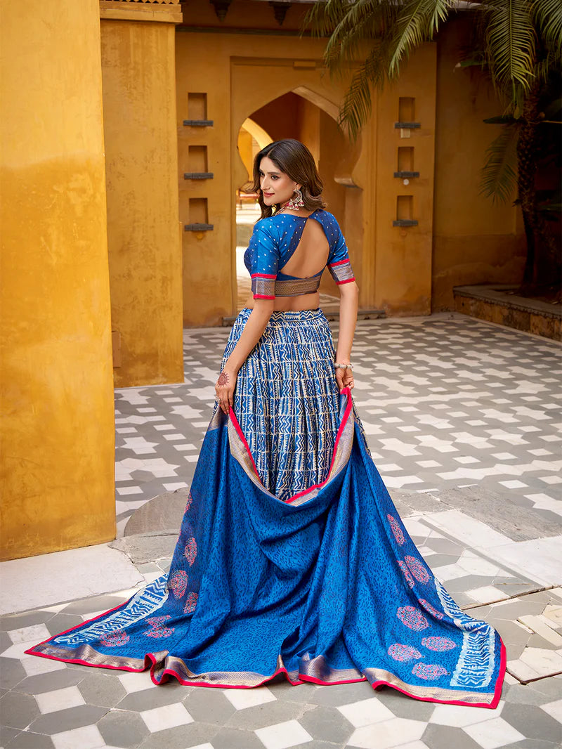 Blue Color Batik Printed Dola Silk Lehenga