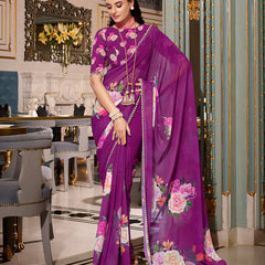 Purple Color Printed With Peral Lace Border Georgette Fancy Saree