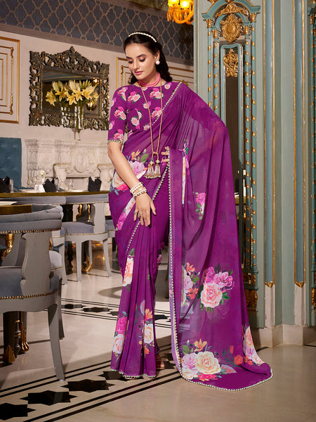 Purple Color Printed With Peral Lace Border Georgette Fancy Saree