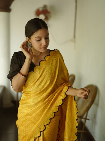 Yellow Color Gadhawal Chex Material & Arca Work Saree