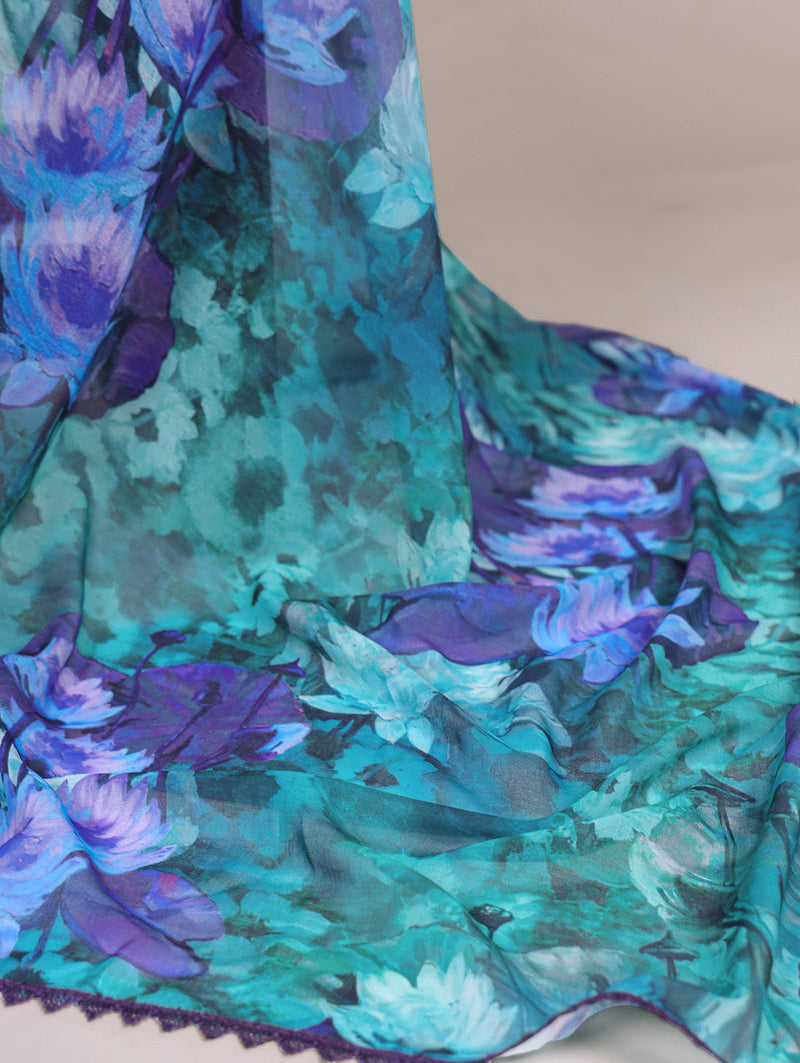 Firozi Color Floral Printed With Lace Border Weightless Marbal Saree