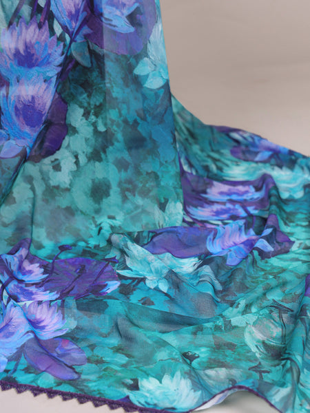 Firozi Color Floral Printed With Lace Border Weightless Marbal Saree