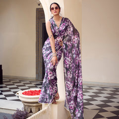 Grey Color Floral Printed With Peral Lace Border Weightless Marbal Saree