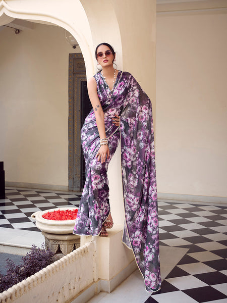 Grey Color Floral Printed With Peral Lace Border Weightless Marbal Saree