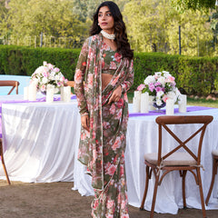 Mehandi Color Printed With Peral Lace Border Weightless Marbal