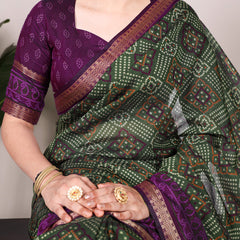 Mehandi Color Bandhej Print With Zari Weaving Work Viscose Chanderi Saree
