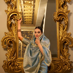 Sky Blue Color Zari Weaving Work With Sequins Border Tissue Shimmer Saree