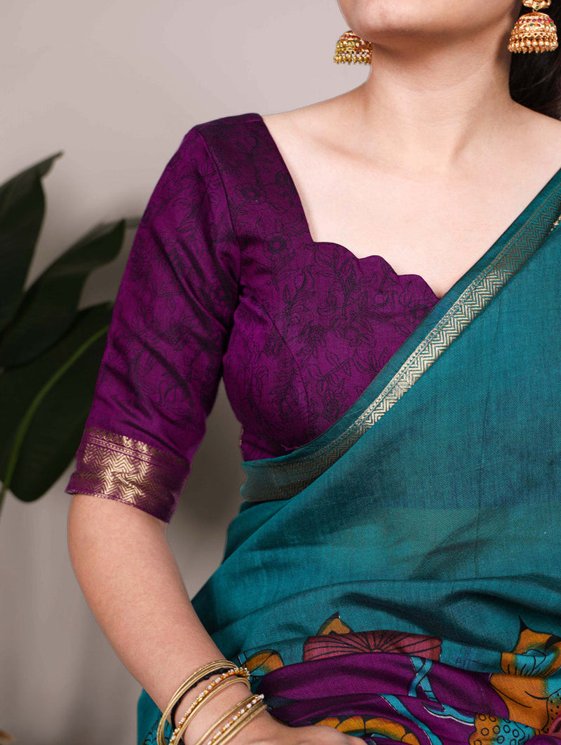 Teal Color Tradition Floral Printed With Zari Weaving Work Viscose Chanderi Saree