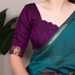 Teal Color Tradition Floral Printed With Zari Weaving Work Viscose Chanderi Saree